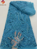 Tissu de dentelle nigériane bleu roi 2025, tissu en tulle brodé, tissu africain à sequins et perles pour robe de mariée et de soirée