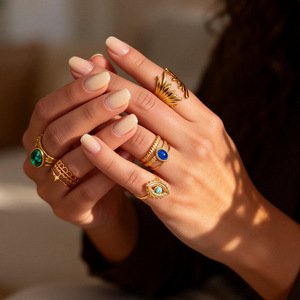 Evil Eye <b>Gold</b> Plated <b>Ring</b> <b>Set</b> With Natural Stones Women's Everyday Wear Jewelry Geometric Design Circular Lines Yiwu Origin - Product Image 1