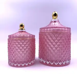 8oz 17oz Bougeoirs en verre cristal de couleur rose, lanternes en verre motif diamant et bocaux à bougie