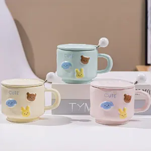 Cute kids girls Cream color cartoon animal ceramic coffee mug with hand Cup spoon lid cover 400ml milk ceramic mugs