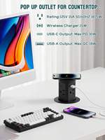 Prise escamotable pneumatique industrielle 4 prises 2 USB-C 15W avec recharge sans fil IP22 et porte de sécurité pour hub d'alimentation de cuisine/bureau