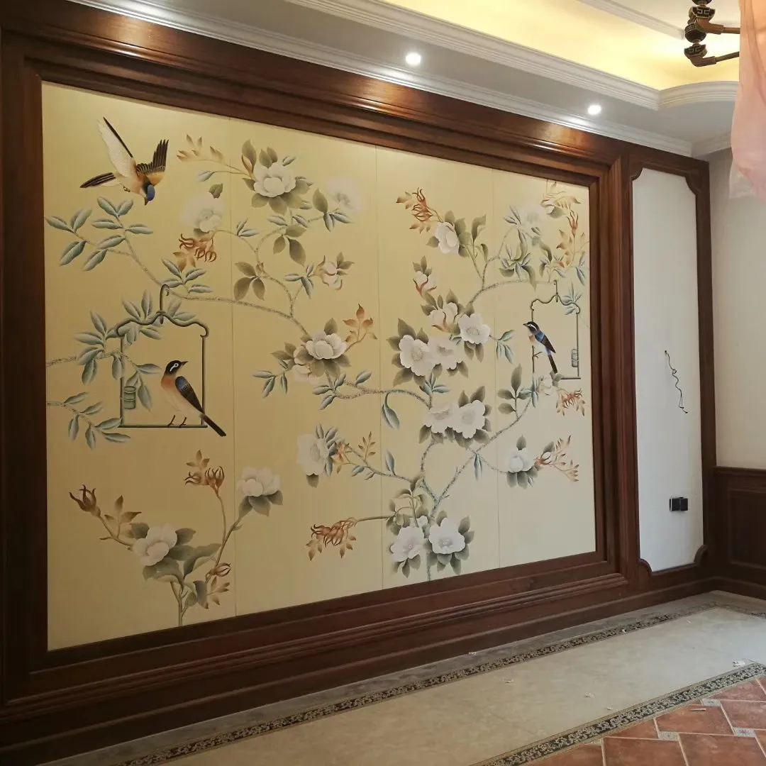 Zhenling लक्जरी कशीदाकारी फूल और पक्षियों के लिए हाथ से पेंट रेशम वॉलपेपर आंतरिक घर की दीवार सजावट