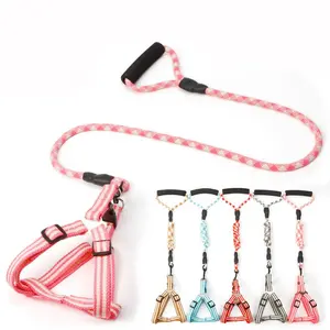 2023 Pet Dog Products Wholesale Comfortable Cotton Strip Adjustable Dog Harness and Collar Leash