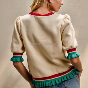 <span class=keywords><strong>Sweat</strong></span>-shirt personnalisé en molleton bouclette pour <span class=keywords><strong>femme</strong></span>, col rond, manches bouffantes, lettres Joyeux Noël, ourlet à volants, pour les fêtes - Product Image 2