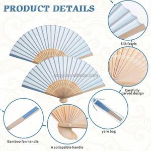 พัดมือพับได้ลายเพ้นท์ ผ้าไหมเทียมสีน้ำเงิน ด้ามไม้ไผ่ รูปทรงปิรามิด พกพาสะดวก สำหรับงานแต่งงาน ของชำร่วยงานเลี้ยงฉลอง งานเลี้ยงฉลองเด็กอ่อน - Product Image 3