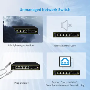 4Port 10/100/1000Mbps PoE + 2 SFP Port Uplink yönetilmeyen IP kamera için POE Ethernet anahtarı dahili güç kaynağı 250M uzatmak