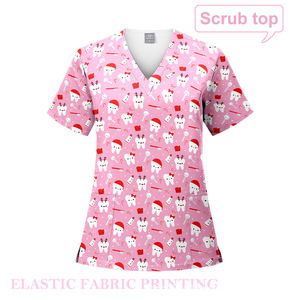 HZMNOI Dental Scrub Top V-Neck Short Sleeve Pink Tooth Print 95% Cotton 5% Spandex Moisture Wicking for Clinic Use - Product Image 4