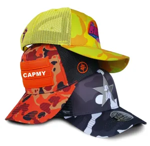 Custom Sublimating Printing Yellow Camouflage Camo 5 Panel Trucker Cap Manufacturer 3d Embroidery Logo Mesh Printed Trucker Hat