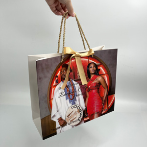 Custom Full Color Printed Paper Shopping Bags - Photo Printed <b>Wedding</b> Gift Bags with Gold Ribbon Bow & Rope Handles - Product Image 2