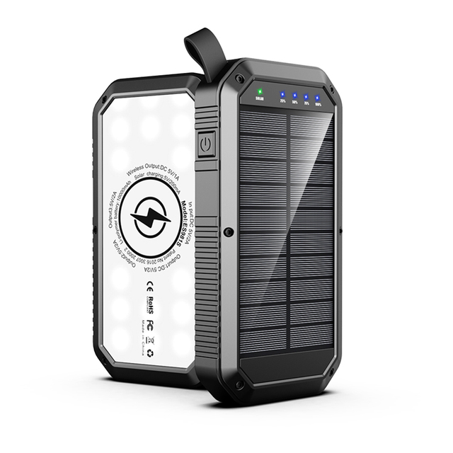 Wireless Charging Portable Solar Power Bank, 10000Mah 20000mAh Mobil Phone Fast Charging, High Power Camping Light for Outdoor