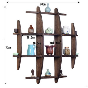 Solid Wood Chinese Style <b>Wall</b> Mounted Tea Rack Multi Compartment Black Antique <b>Display</b> Shelf Geometric Shape - Product Image 5