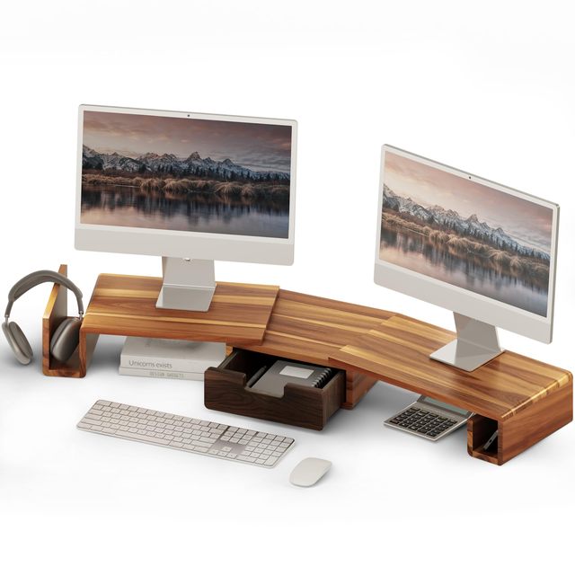 Modern Wooden Dual Monitor Stand Riser with Drawer  Computer Desk Organizer Desktop Dock for TV Screen Notebook Laptop