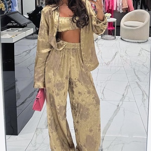 Women's Summer New Arrival: Collared Long-Sleeve Shirt & Top & Wide-Leg <b>Pants</b> Casual 3-Piece Set Fashion - Product Image 1