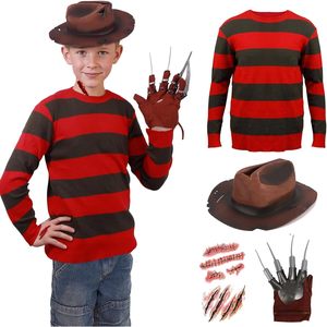 Disfraz de Freddy Krueger de JoyFuncos para Niños, Sudadera a Rayas Rojas y Verdes, Guantes, Gorro, Disfraz de Halloween - Product Image 1