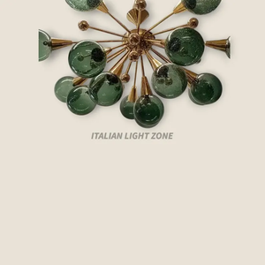 Lustre moderne de luxe en laiton et verre vert, 14 globes, style Sputnik italien Stilnovo, luminaire suspendu pour salon et salle à manger - Product Image 2