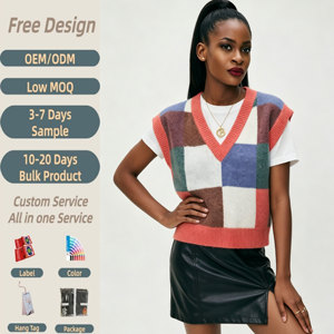 Ladies Checkered Knitted Vest Multi-color Plaid Sleeveless Sweater Color Block <strong>Jumper</strong> Vest Retro Preppy Layering Knitwear - Product Image 1