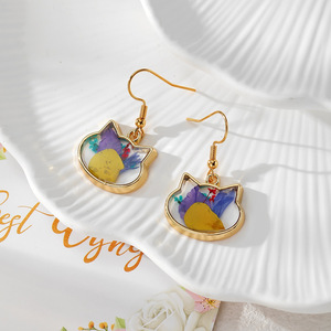Cat Shape Gold Frame Resin Dangle <b>Earrings</b> Handmade Pressed Dried Flower Drop <b>Earrings</b> Women Cute Botanical Animal <b>Hook</b> <b>Earring</b> - Product Image 6