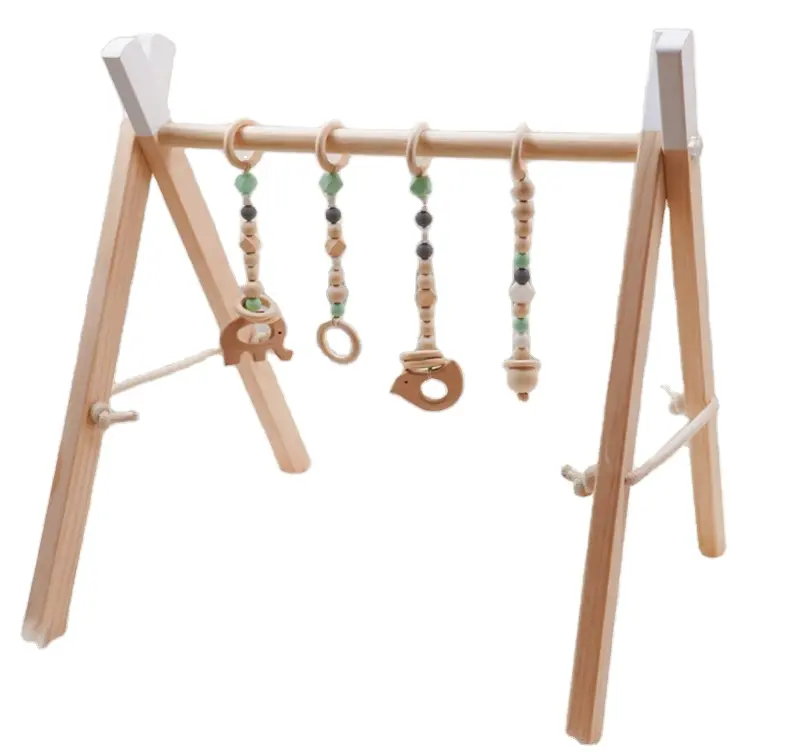 Wooden Baby Gym with 4 Baby Sensory Toys Foldable Baby Play Activity Gym Frame Hanging Bar Newborn Gift