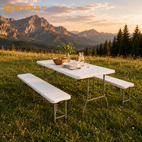 Ensemble de table à manger pliable en plastique 3 pièces avec 2 bancs, robuste, facile à nettoyer, gain de place pour la cour