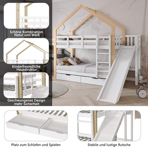 <span class=keywords><strong>Lit</strong></span> superposé moderne avec toboggan, échelle à trois niveaux, 2 tiroirs, protection contre les chutes, bois de pin massif blanc avec rangement - Product Image 4