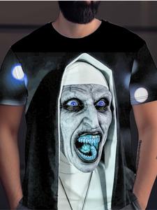 <span class=keywords><strong>T</strong></span>-<span class=keywords><strong>Shirt</strong></span> da Uomo in Maglia Larga Casual con Stampa Grafica 3D Digitale di Halloween, Suora e Film <span class=keywords><strong>Horror</strong></span>, Manica Corta, 100% Poliestere - Product Image 3