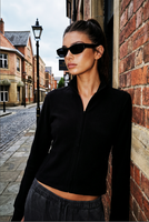 Veste ajustée pour femme en tricot double face 290 GSM, col semi-montant, fermeture éclair intégrale, super douce, manches longues, pour l'automne et l'hiver