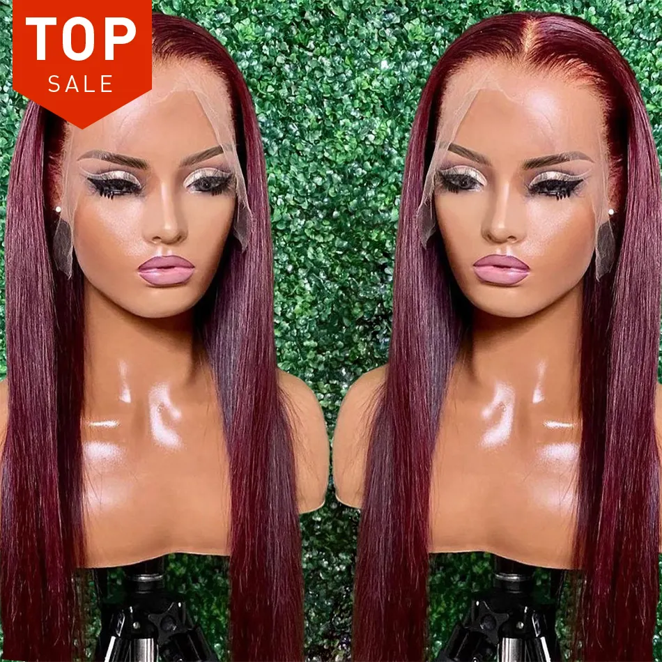 Vendor Burgundy Wig Renda Depan Berwarna Merah Panjang Lurus 99j 360 Wig Rambut Manusia Renda Penuh Hd Wig Frontal Renda untuk Wanita Kulit Hitam