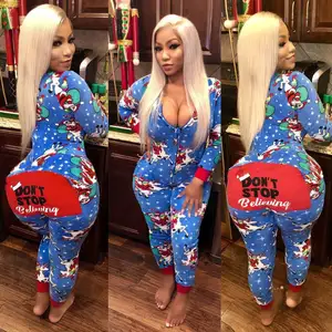 Giáng Sinh Onesies Phụ Nữ Sexy Một Mảnh Áo Liền Quần Zip up Dài Tay Áo Tất Cả Các In Năm Mới Scrunch Mông Vá Jumpsuit Playsuit