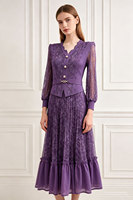Robe plissée taille unique pour femme, manches longues lanternes, col en V ondulé, couleur unie, longueur midi, en dentelle, collection printemps-automne