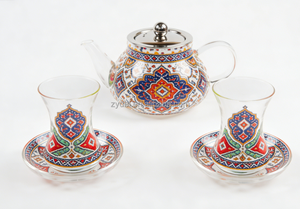 Set da Tè in Vetro Stile Turco con Motivo Tappeto Persiano, Teiera + 2 Tazze e Piattini, Vetro Senza Piombo per la <span class=keywords><strong>Cultura</strong></span> del Tè Mediorientale - Product Image 2