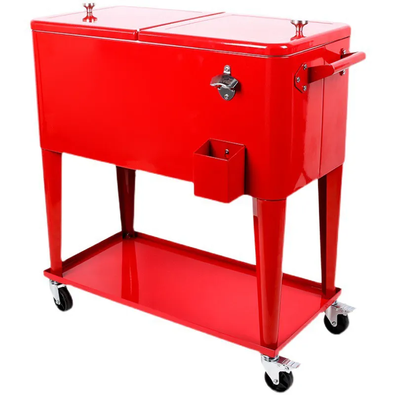 Trolley rosso retrò esterno scatola termica 75L commerciale campeggio cibo refrigerato in metallo impermeabile secchio di ghiaccio carrello di raffreddamento