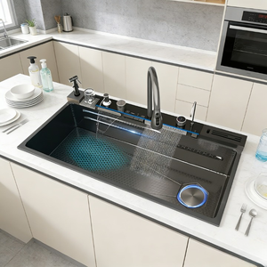 Évier de cuisine luxueux à cuve unique en acier inoxydable, robinet cascade multifonctionnel et tendance, armoires de cuisine économiques - Product Image 1