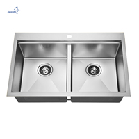 Fregadero Doble de 33 Pulgadas para Estación de Trabajo - Diseño de Montaje Superior Hecho a Mano en Acero Inoxidable T-304 con Ranura Integrada para Tabla de Cortar