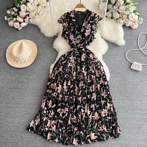 Robes d'été élégantes en mousseline imprimée, col en V, taille cintrée, coupe trapèze - Product Image 3