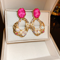 Aksesori Anting Wanita Berbentuk Bunga Akrilik Berhiaskan Berlian, Berlapis Emas 18K, Baja Tahan Karat, Kelas Atas