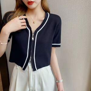 2025 New Women's Striped V-Neck <b>Cardigan</b> Double Zipper Breathable Casual Summer Sweater - Product Image 5