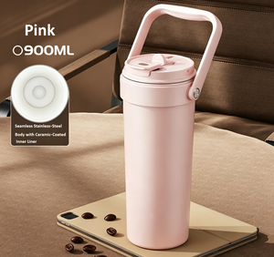 Mug de voyage isotherme en acier inoxydable avec revêtement céramique, anti-fuite, avec poignée portable pour voiture et bureau - Product Image 1
