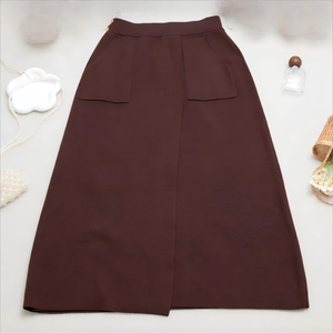 Nouveauté 2025 Jupe Mi-Longue/Maxi Marron en Maille de Qualité Supérieure pour Femme Vente en Gros sur Mesure Élégante Vintage Coupe Droite Douce et Confortable Tenue de Bureau Quotidienne - Product Image 1
