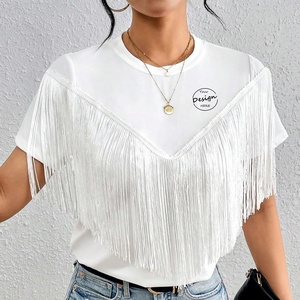 T-Shirt con frangia larga a manica corta personalizzata all'ingrosso T-Shirt da donna Top da donna con nappine Crop da donna T-Shirt OEM - Product Image 4
