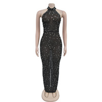 Robe de soirée longue de luxe sexy avec strass, col halter, sans manches, fente latérale, pour femme