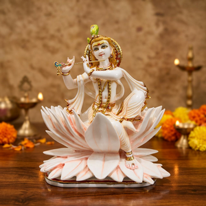 Nirmala Handicrafts Handcrafted Resin Framed Lord Krishna Lotus <b>Statue</b> | White <b>Gold</b> Traditional Krishna Idol Home Office - Product Image 3