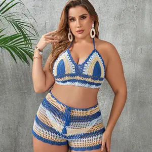 Rahat kadın el crotchet bikini üst ve şortlar sıcak satmak kadın kesme halter bikini sutyen set plaj kıyafeti