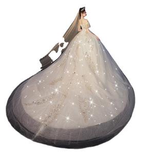 Wedding Dress Off Shoulder Sweetheart Empire Waist Floor Length Tulle Princess Style Plus Size Bridal Gown With Starry Train - Product Image 5