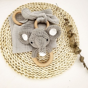 Manta de muselina de algodón para bebé, mordedor de madera con Orejas de conejo, conjunto de sonajero de elefante de ganchillo, conjunto de regalo para bebé, superventas - Product Image 2