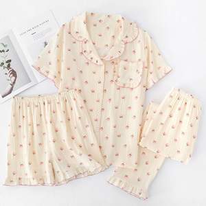 Crêpe Broek Fabriek Direct Puur Katoenen Zachte Revers Pyjama Fabrikant Bedrukte Pyjama Driedelige Set Groothandel - Product Image 3