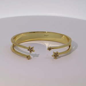 Pulsera de Cobre Chapada en Oro de Doble Capa con Dijes de Estrella de Circonio, Brazalete Abierto, Joyería de Moda para Mujer, Tianyu Gems - Product Image 1