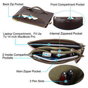 Portafolio de Cuero Genuino de Grano Completo para Laptop de 14 Pulgadas, para MacBook, con Múltiples Compartimentos con Cierre, para Hombres, para Trabajo y Negocios - Product Image 4