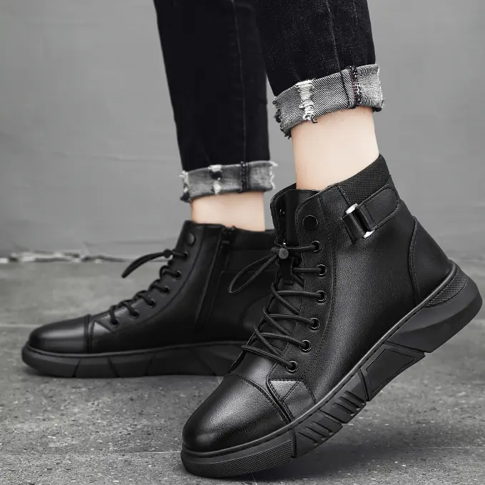 Adit Factory Supply Custom All Black Hight Top Synthetic Pu Leather Sneakers Casual Shoes Manufacturer For Man