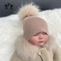 Janefur personalizado niñas niños cálido Real mapache Bola de piel de punto Angora sombrero invierno lindo gris Rosa Bola de piel gorros sombrero