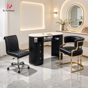 Ensemble de table à ongles avec chaise de technicienne ongulaire, table de manucure en PU noir avec tiroir collecteur de poussière, cadre doré, mobilier de salon de manucure - Product Image 1